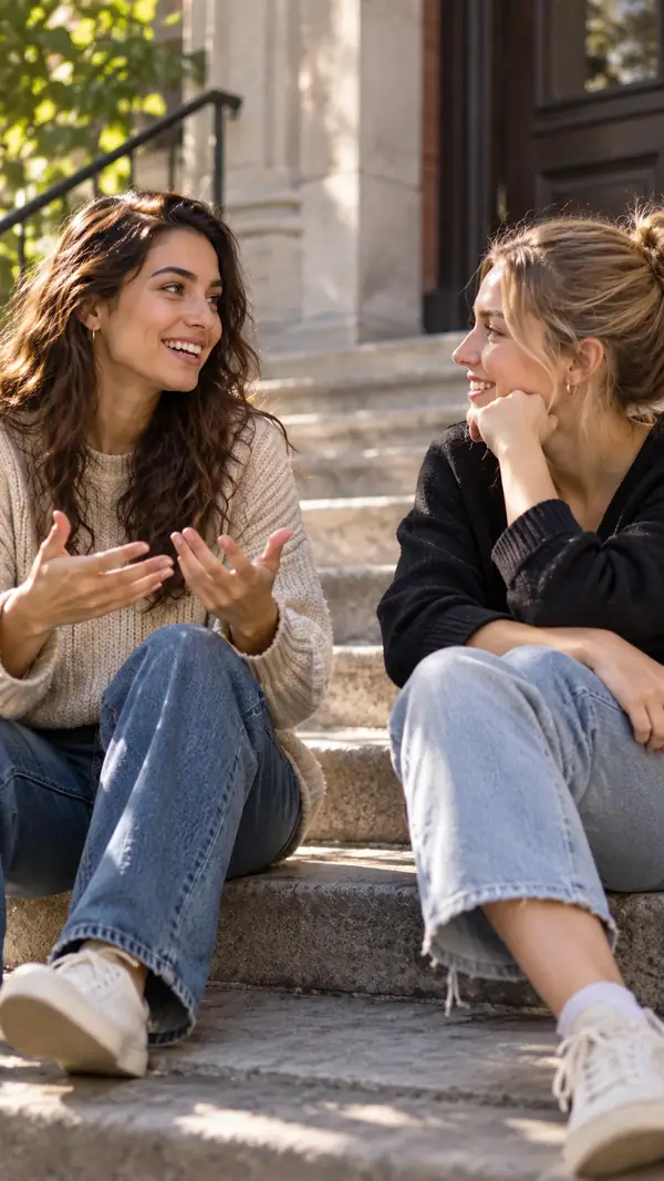 Two friends talk while seated on outdoor steps, captured in a candid vertical video frame.
