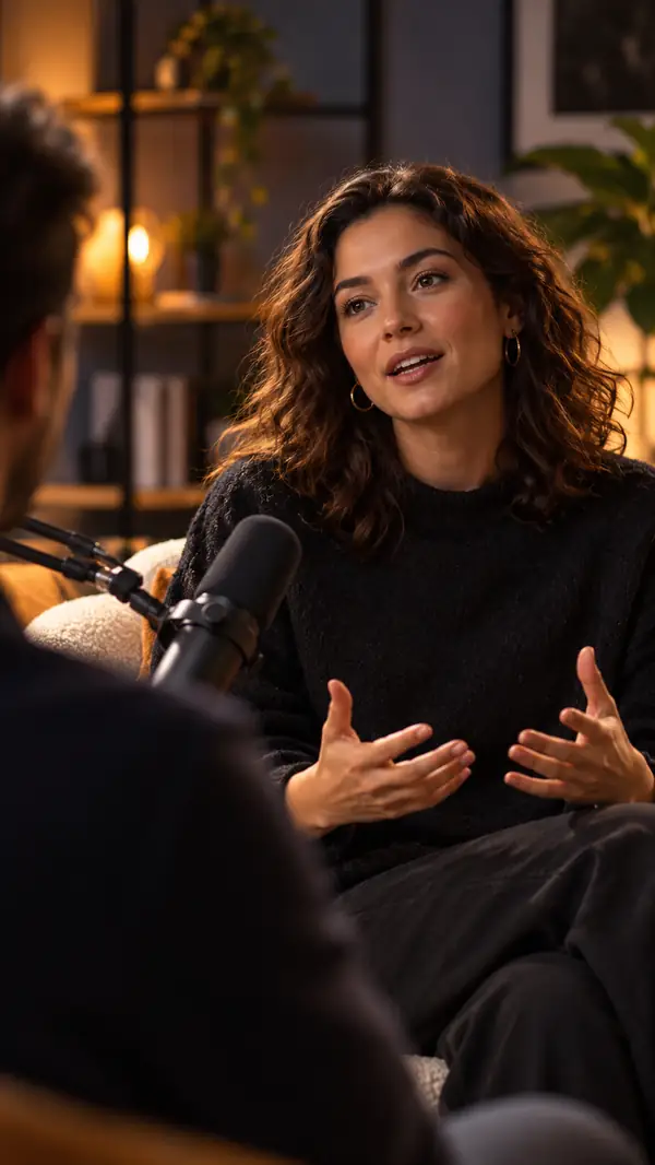 A thoughtful interview guest speaks in a softly lit room, framed closely as a vertical video still.