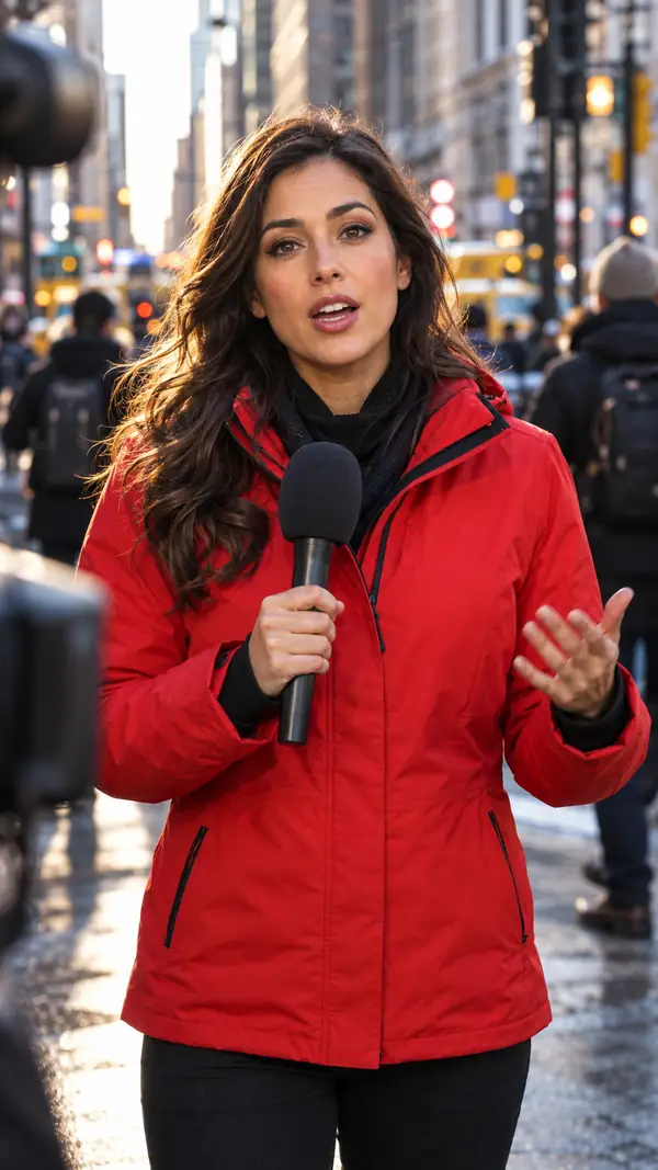 A reporter in a bright jacket speaks on a crowded city street, framed as a vertical video still.