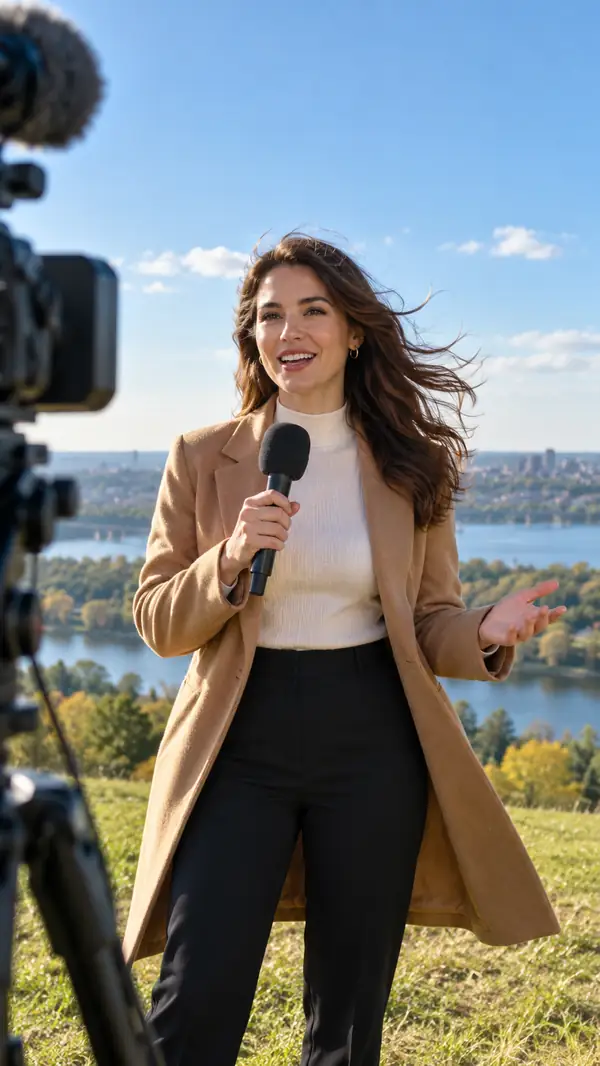 An outdoor presenter records a weather update on a breezy lawn under a clear sky, vertical framing.