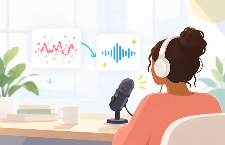 A bright illustration contrasting a noisy waveform with clean, understandable speech.
