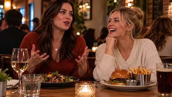 A conversation takes place in a lively restaurant, captured as a vertical video.