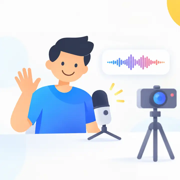 A friendly video creator beside a camera and microphone in a bright, minimal illustration.