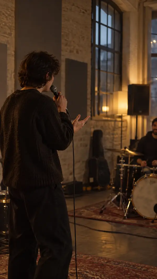 A musician speaks in a reverberant rehearsal space, portrait framing.