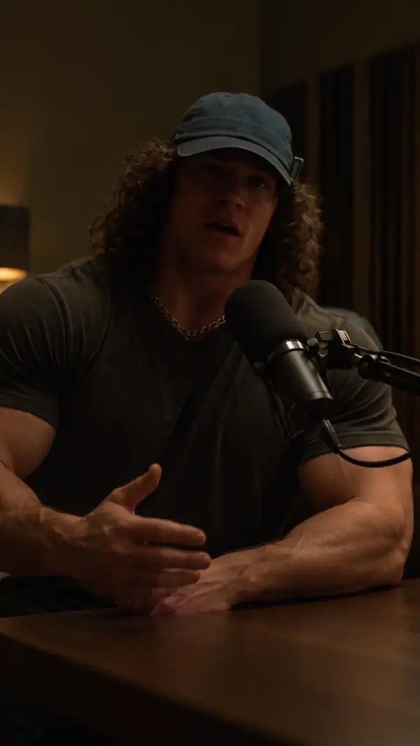 A narrator speaks into a microphone in a quiet room, vertical framing.