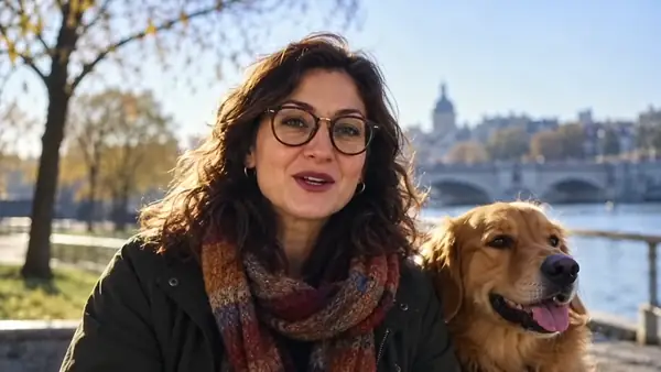 A person records speech outdoors near a dog, shown in a vertical video.