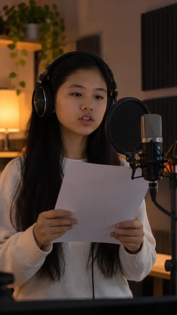 A voice artist records in a small home studio, shown as a vertical video still.