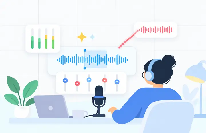 An illustrated audio creator checking voice waveforms, microphone levels and a simple mix.
