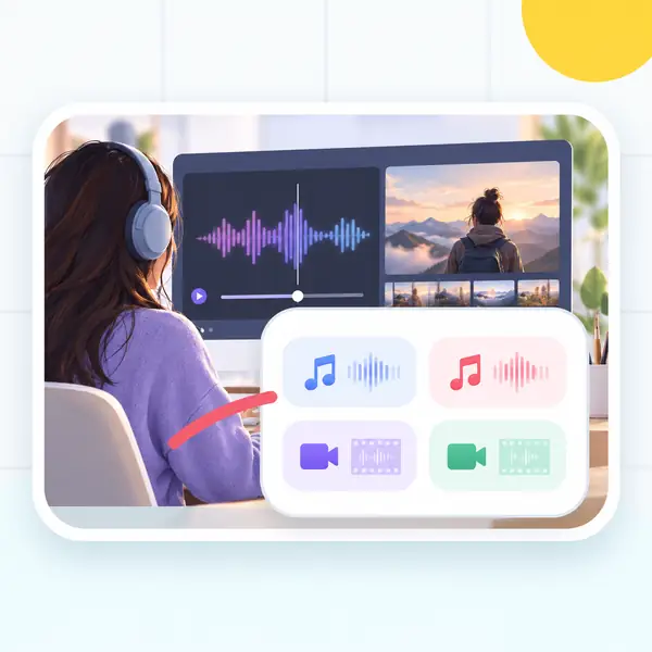 An illustrated review screen showing audio and video file options.