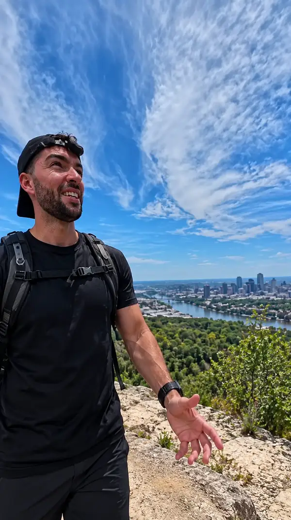 An outdoor speaker records a vertical clip beneath a busy sky.