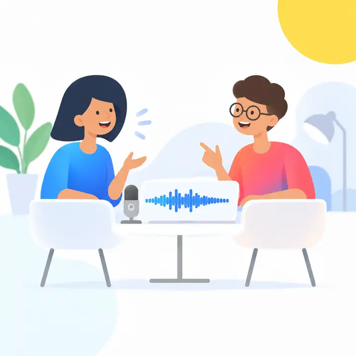 Two marketing creators discussing a recorded voiceover in a bright illustration.