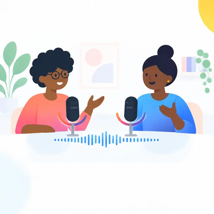 Two podcast hosts speaking into microphones in a bright, minimal illustration.