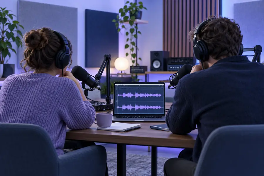 Podcast hosts speaking clearly into microphones during a recording