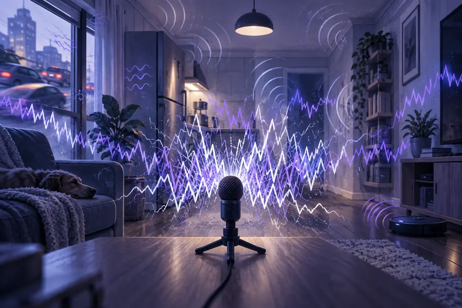 Illustration of an untreated voice recording with surrounding audio distractions